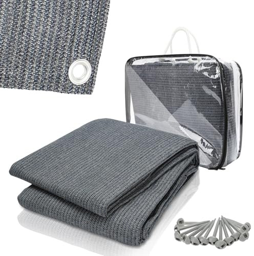 ISOISL Vorzeltteppich, Zeltteppich 200x200cm, Camping Teppich mit 12 Löchern, 13 Heringe und Tragetasche, Markisenteppich rutschfest Atmungsaktiv Waschbare (Grau Blau)