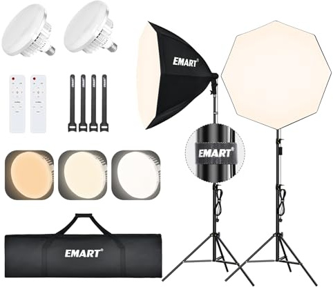 EMART Softbox Lighting Kit, 2 Pack 65x65cm Octagonal Soft Box Light with 135W LED Photo Bulbs, 3000K-6000K Dimmable Photography Continuous Lights for Portraits Video Product Shooting and Filming