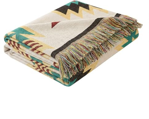 LHGOGO Aztec-stil stor soffa filt med tofsar, vändbar hög densitet vävöverkast för soffor kärlekssoffa, 3 eller 4-sits bäddar och säng, extra tjock, mjuk och mysig (90 x 90 cm (35 x 35 tum)