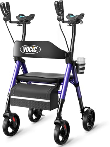 VOCIC Z22 Upright Walker,Rollator Walker with Adjustable Armrests,136KG Max | Foldable Rollator for Seniors,GelCool Stand Up Walker with Ergo Seat & Backrest, 20cm All Terrain,Cup, Purple