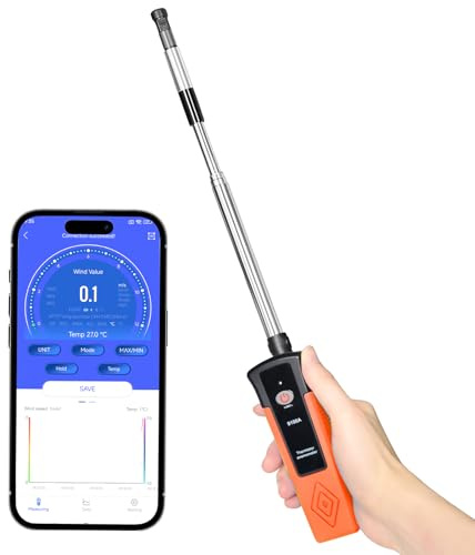 Hotwire Anemometer Handheld Thermal Anemometer CFM/CMM Air Flow Meter Wind Speed Gauge Measures 0-40m/s, 0-999900CFM with Bluetooth & App Operation for Max/Min, Data Hold