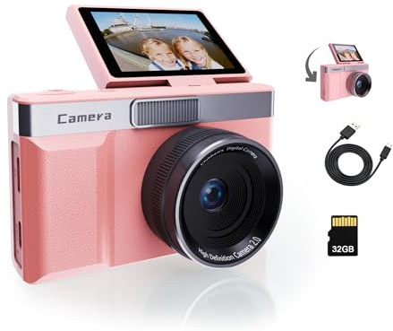 Digitalkamera 1080P Kinder Kamera mit 8X Zoom, 2 LCD Display, Kamera für Kinder mit 32GB Karte, Tragbare Kompaktkamera für Anfänger(Rosa)