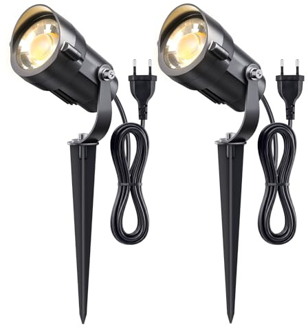 HIBOITEC 2 Stück Gartenbeleuchtung mit 1,5 m Kabel Stecker, 7W 600Lm Gartenstrahler LED außen Wasserdicht, 2700K Warmweiß 270°Schwenkbar LED gartenlampe für Outdoor, Garten, Hof, Pflanzen