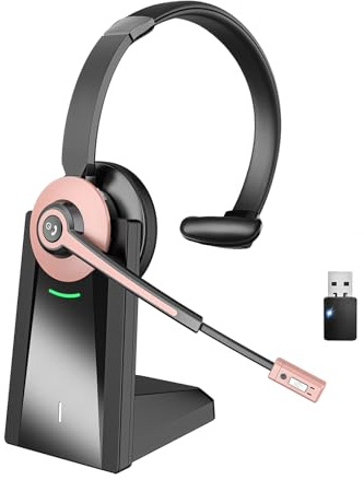 Wireless Headset with Mic for Work, Wireless Headset with Microphone (Noise Cancelling & Mute Button, USB Dongle & Charging Base), Bluetooth Headphones for Home/Office/Computer/Laptop/Phone/Teams/Zoom