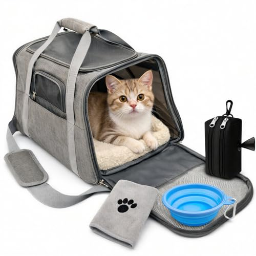 TOFI PETS Transportin Gato con ventilación 360° y colchón Suave, Incluye Kit de Viaje con Plato Plegable, Toalla y Porta Bolsas, Seguro para Coche o avión Cabina, transportin Perro pequeño | Gris