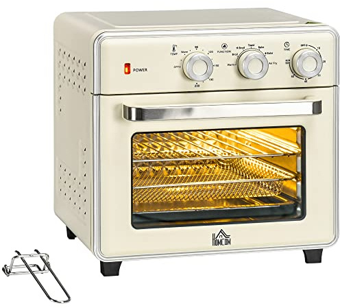 HOMCOM Mini Forno Elettrico 20L Ventilato 1400W, Forno da Tavolo Multifunzione con Aria Calda, 90–230°C, Timer 60 Min, 5 Modalità, Luce Interna, Doppio Vetro, Accessori Inclusi, Crema