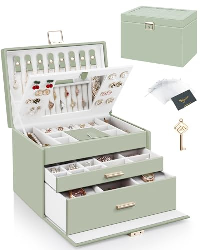 DesignSter Schmuckkästchen mit 2 Schubladen, 3 Ebenen Großes Schmuckaufbewahrung mit Spiegel, PU-Leder Schmuck Organizer mit Schloss für Ohrringe, Halsketten, Ringe, Armbänder, Avocadogrün