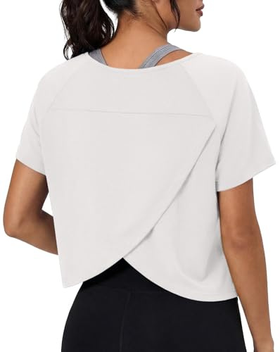 GRECERELLE Camiseta de gimnasio para mujer, mezcla de algodón, manga corta, ajuste holgado, con espalda cruzada, ropa deportiva para yoga y correr, camisetas deportivas para mujer