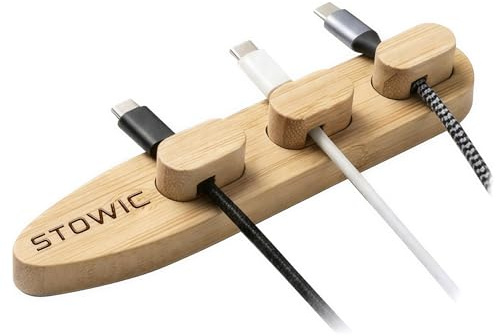 STOWIC Magnetisk kabelorganisatör i bambu, 3 magnetiska kabelklämmor, kabelhållare för skrivbord, självhäftande, kabelhantering för hemmakontor