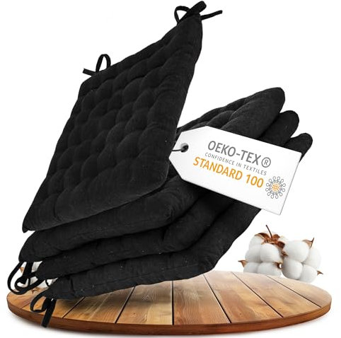 Gräfenstayn® 4er-Set Baumwoll-Sitzkissen 40x40x5cm mit Haltebändern für Indoor und Outdoor mit Öko-Tex Siegel - (Schwarz)