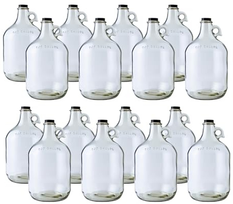 Fastrack 16-Pack 1 Gallon Glass Jug (128 oz) w/16 38mm Black Metal Screw Cap – Multipurpose 1 Gallon Jug, & Detergent Dispenser for Laundry, Glass Jar for Liquids, Water & Juice