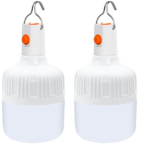 AKOFIC 2 Piezas LED Faroles de Acampada, Bombilla de Luz LED Recargable por USB 2 Niveles Regulables con Gancho, Lámpara Portátil para Exteriores Tienda Emergencias Terraza Jardín Pesca Barbacoa