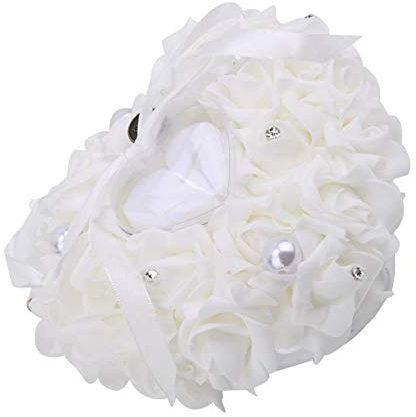 HERCHR Almohadas para portadores de Anillos para Bodas, Almohadas para Anillos de Bodas en Forma de corazón, Regalo para Joyas, Caja para Anillos, cojín para la Ceremonia de la Boda(Blanco)