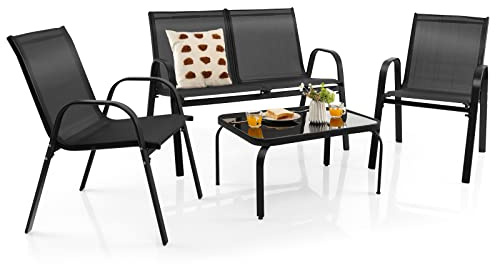 COSTWAY Set Tavolo e Poltrona da Giardino, Set di Mobili 4 Pezzi per Esterno, con Tavolino in Vetro Temperato, Panca e 2 Poltrone, per Giardino Balcone Piscina (Nero)