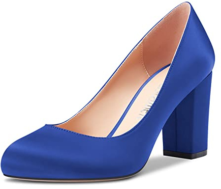 Castamere Femmes Bloc Chunky Haut High Talon Heel Rond Bout Slip-on Escarpins Mariage Party Dress 8 CM Heels Chaussures Bleu Satin 44 EU