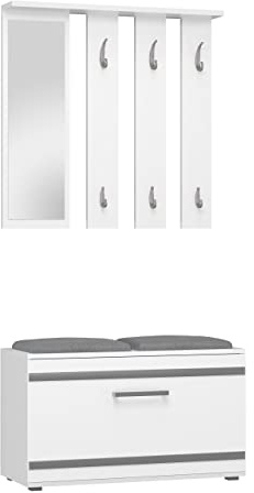 CDF Garderobe Opal | Farbe: Weiß | Großer Spiegel | Kleiderbügel | Geräumiger Schuhschrank | Ideal für Diele, Flur | Praktische Ablagen | Modernes Design