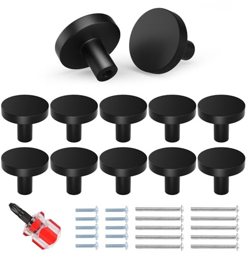 Chuner 10 Pièces Poignées Meuble, Poignée de Meuble Cuisine Noir Boutons de Tiroir, Boutons de Portes pour Placards en Métal Mat avec deux types de vis Inclus (Ronds et Modernes)