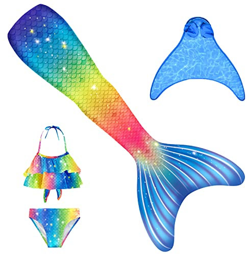 BAWADE Meerjungfrauenflosse Mädchen Meerjungfrau Flosse mit Monoflosse und Bikini Set für Kinder, 4 Stück Set