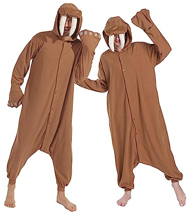 Dodheah Unisex Pijama Morsa Pijama de Adulto Halloween Animal Cosplay Disfraz Navidad Mono de Una Pieza Ropa de Dormir Marrón XL