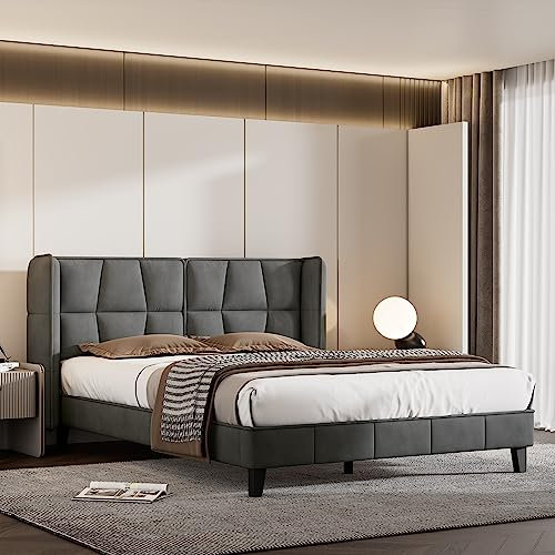 Dolamaní Polsterbett Betten 140 * 200, Doppelbett mit Lattenrost und Kopfteil, Jugendbett, für Erwachsene & Jugendliche, Holzlattenunterstützung, Einfache Montage, Samt, grau (Grau, 140 * 200)