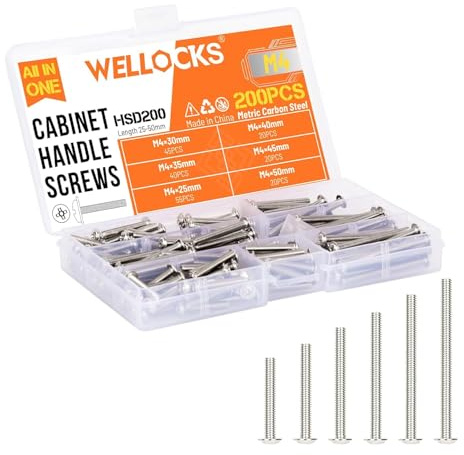 WELLOCKS Cabinet Pulls Knobs Screws M4 25-50mm 200 PCS Assortment Silver Machine Screws Pan Washer Head Metal Phillips Screws Kit for Cabinet Drawer Cupboard Closet Handles Install(HSD200)