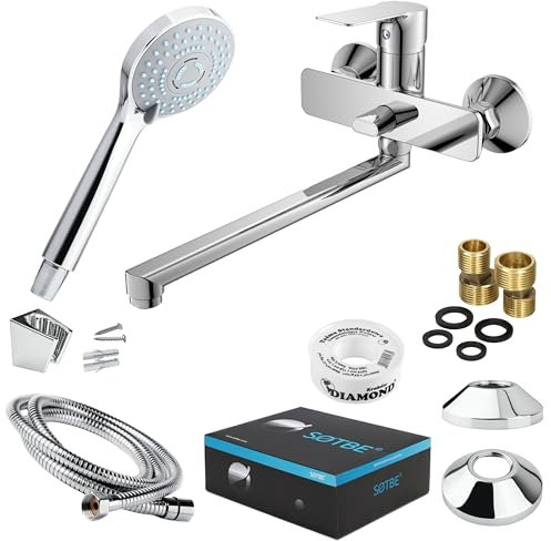 SOTBE Badewannenarmatur mit Handbrause - MESSING - Brausegarnitur - Klassisches Duscharmaturen Komplettset für die Badewanne - Duschsystem Wasserhahn Badewanne – Silber