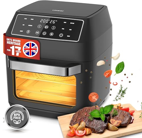 Linsar Freidora de aire caliente de 12 litros, minihorno multifunción, 10 en 1, con pantalla LED digital, 6 accesorios, 1700 W, color negro