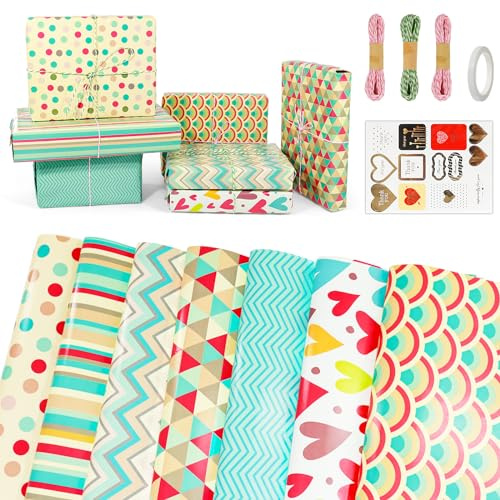 Coicok Papier Cadeau Set avec Corde et Étiquette, 7 Feuilles Papier Cadeau Anniversaire, 70 x 50cm par Feuilles, Emballage Cadeau, Ecologique Feuille pour Anniversaire, Mariage, Papier Cadeau Enfant