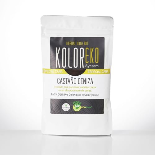 KOLOREKO Tinte natural CASTAÑO CENIZA - Pack DÚO especial canas - precolor CENIZA + tinte CASTAÑO