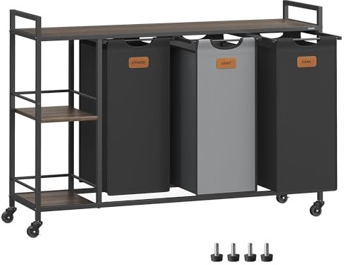 VASAGLE Laundry Hamper with 3 Compartments, 150 L Laundry Sorter, Rolling Laundry Cart with Shelves, Removable Liners, 6 Labels, Chestnut Brown, Ink Black and Dove Grey BLH312B01
