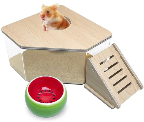 PINVNBY Hamster Sand Bath Box, Transparent Acrylic Sand Bath Shower, Gerbils Digging Room Container with Climbing Ladder and Ceramic Bowl, Litter Box for Hamsters Guinea Pigs Mice (Triangle)