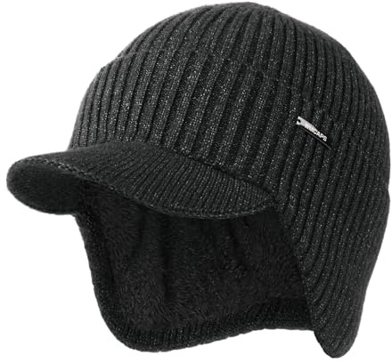 Wmcaps Winter Beanie with Brim and Ear Flaps, Outdoor Warm Fleece Lined Knit Hat Stocking Caps for Men Women Slate Grey