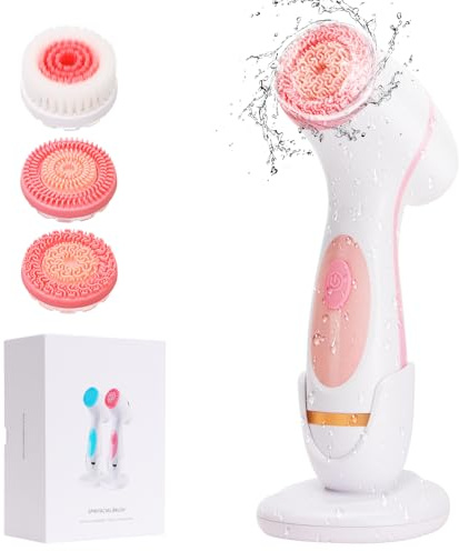 Facial Cleansing Brush, Waterproof Dual-Rotation Face Scrubber Exfoliator with 3 Brush Heads and 2 Adjustable Speeds, Rechargeable Exfoliating Face Brushes for Cleansing and Skin Care (Pink)