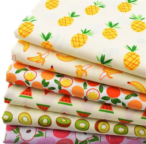 Morbuy Patchwork Stoffe Paket, Ananas Banane Orange Wassermelone Kiwi Pfirsich Stoff zum Nähen 6 Stück Baumwolle Stoffpakete Patchwork Fabric Quiltingstoffe für Nähen Quilten (Obst,50x50cm)