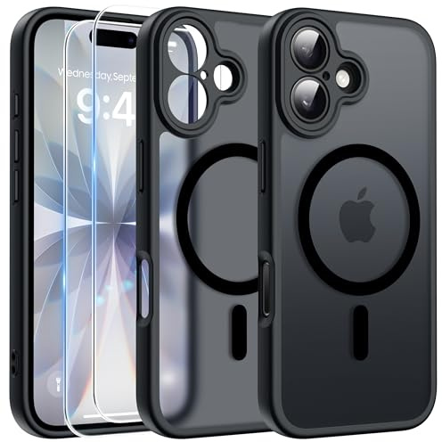 FLLAO Funda para iPhone 17, Compatible MagSafe, con 2 Piezas Protector de Pantalla Cristal Templado, [Protección de Cámara] Magnética Carcasa Translúcida Mate Trasera Fina Antigolpes, Negro