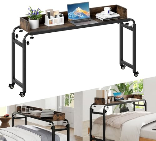 LIFEZEAL Scrivania, Tavolo Sopra Letto per Laptop, PC, con Ruote, 135,5-206x40x73,5-102cm, Max 75kg, Lunghezza e Altezza Regolabili, per Vari Letti, Carrello, Lungo, Stretto, Alto, Multiuso