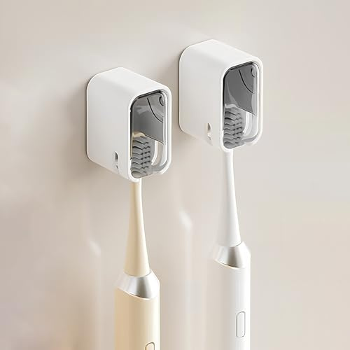Wall Mounted Toothbrush Holders for Bathroom,Strong Self Adhesive | Tooth Brush Holder with Cover, Toothbrush Heads Organizer for Family, 2 Pcs