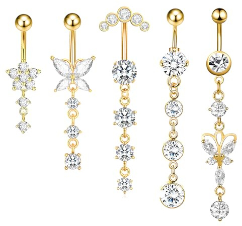 YAWYO Pack of 5 Belly Button Bars, Dangly Stainless Steel Belly Button Piercing Kit, Piercing Jewellery with Heart Bow Navel, Valentines Gifts for Women Girls (Gold)