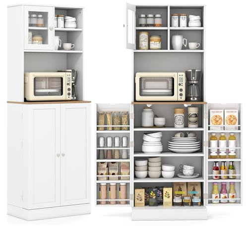 COSTWAY 170cm Tall Kitchen Cupboard, Buffet Pantry Storage Cabinet with 8 Door Shelves, 5 Adjustable Shelves, Glass Door & Anti-tipping Device, Freestanding Sideboard Organizer for Home Dining Room