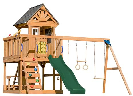 AXI Jack Casetta per Bambini in Legno con 2 Altalene, Scivolo Verde/Parco Giochi all'Aperto, Sabbiera, Trapezio/Parete di arrampicata | Giochi in Legno per Esterni