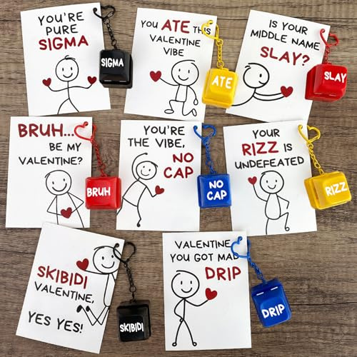 Valentines Day Cards for Kids School - 24 Valentine Slang Cards with Keyboard Clicker Keychains - Valentine Classroom Exchange Gifts for Boys GirlsTeen - Funny Fidget Toys for Class Party Favors