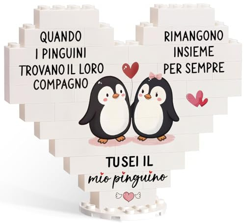 JIAWWAN Regalo Pinguino per Coppie, Regalo San Valentino Pinguino Targa con Base, Regali Romantico Pinguini Lui Lei, Blocchi Decorativi a Forma di Cuore per Anniversario Matrimonio