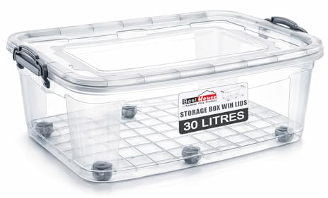 BH | Plastic Storage Box with Lids and Wheels | MEDIUM Size | 30L (L:63.5cm W:40.5cm H:22cm) | Set of 1 | Stackable Clear Durable Multipurpose Office Toys Home Tools Crafts Household - by Best House