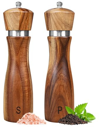 Set med 2 manuella salt- och pepparströare i akaciaträ med justerbar keramisk maldon för peppar, salt, kryddor, höjd 20,3 cm