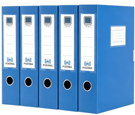 POERMA Box Files A4, 5 Pack Folding Plastic Filing Boxes, 55mm Spine (Blue) | Large Capacity Plastic Archiving Box with Lid for Office, Home and School