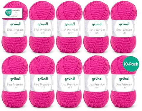 Gründl Lana Lisa Premium uni Hilo de tejer 100% poliacrílico, Hilo para tejer/ganchillo 50 g / 133 m, 10 bolas, Tamaño de la aguja 3,5-4,5; Rosa
