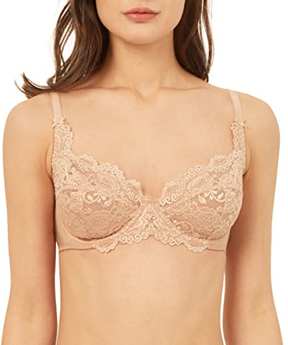 Vanever Reggiseno da Donna con Ferretto Coppa Piena Pizzo Push Up Balconcino Coppa Morbido Smooth Microfibra, Nudo 36D
