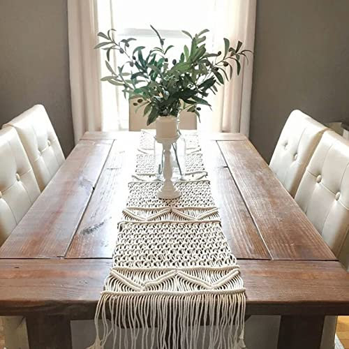 Makramee Tischläufer Boho Deko, Nordic Handgewebt Häkelspitze Elegante Hohle Mesh Tischdecke, Böhmische Tischflagge Tapisserie Mit Quasten Für Hochzeit, Schlafzimmer, Küche, Couchtisch (35*220cm)
