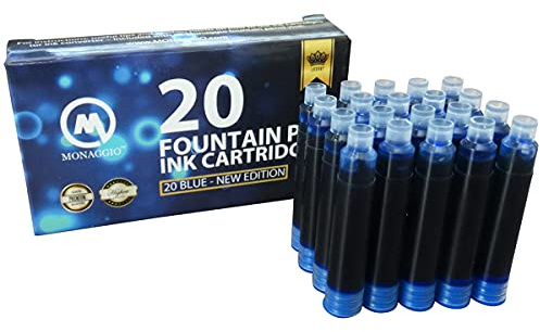 MONAGGIO Vivid Blue Ink Cartridges for Fountain Pens. Amazing Big Pack of 20 Short International Standard Size Cartridges. Perfect for Calligraphy Pens. Fine Design with Incredible Color