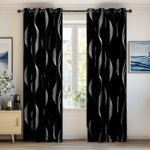 Deconovo Bedroom Eyelet Curtains Thermal Insulated Noise Reducing Silver Wave Line Foil Printed Blackout Curtains for Livingroom 52x84 Inch Black 2 Panels